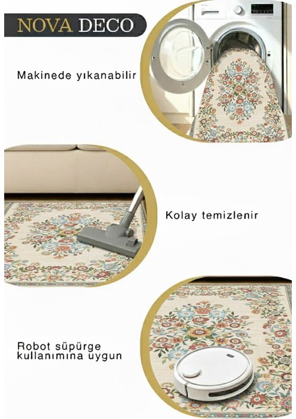 Çiçek Desenli Krem Renkli Yıkanabilir Halı Kaymaz Taban modelleri