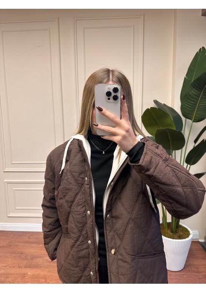 Penye Garnili Kapşonlu Mont - Kahve