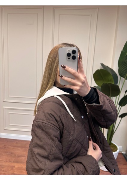 Penye Garnili Kapşonlu Mont - Kahve fiyatları