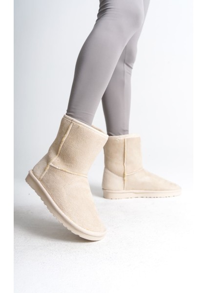 Selına Bağcıksız Düz Taban Içi Kürklü Süet Kadın Bot Skt - Krem
