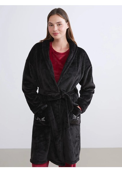 Lcw Dream Siyah Kruvaze Yaka Pelüş Kadın Sabahlık