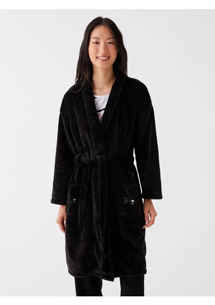 Lcw Dream Siyah Şal Yaka Nakışlı Uzun Kollu Kadın Pelüş Sabahlık