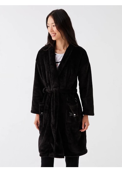 Lcw Dream Siyah Şal Yaka Nakışlı Uzun Kollu Kadın Pelüş Sabahlık modelleri