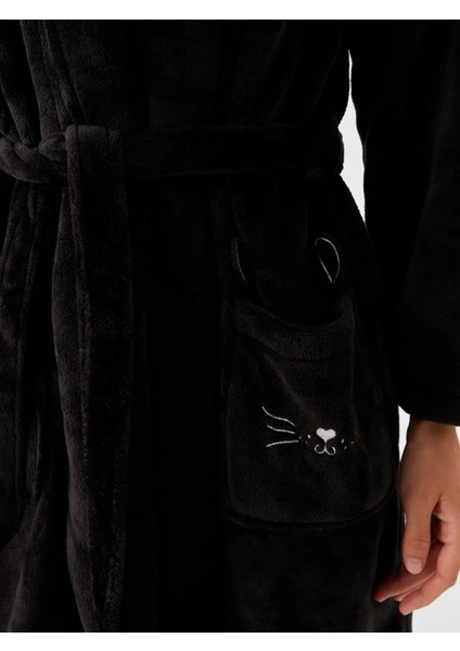 Lcw Dream Siyah Şal Yaka Nakışlı Uzun Kollu Kadın Pelüş Sabahlık fırsatları