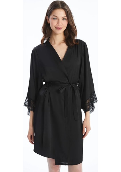 Lcw Dream Siyah Kruvaze Yaka Saten Kadın Sabahlık