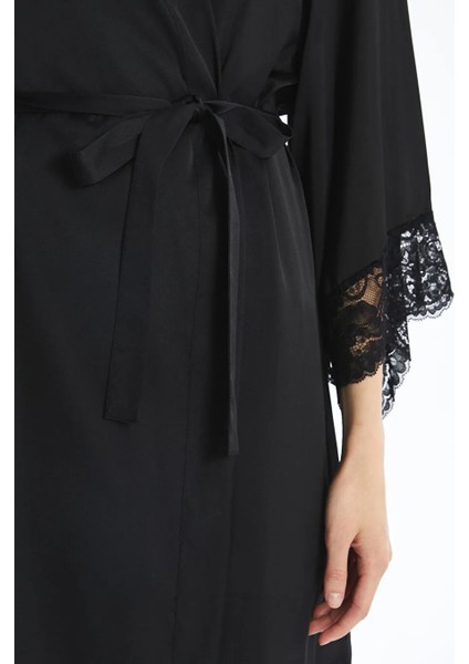 Lcw Dream Siyah Kruvaze Yaka Saten Kadın Sabahlık modelleri
