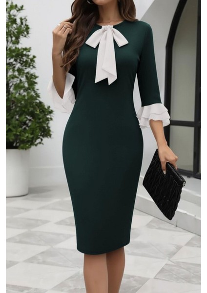 Fiyonk Yaka Volan Kol Midi Ithal Krep Elbise - Yeşil