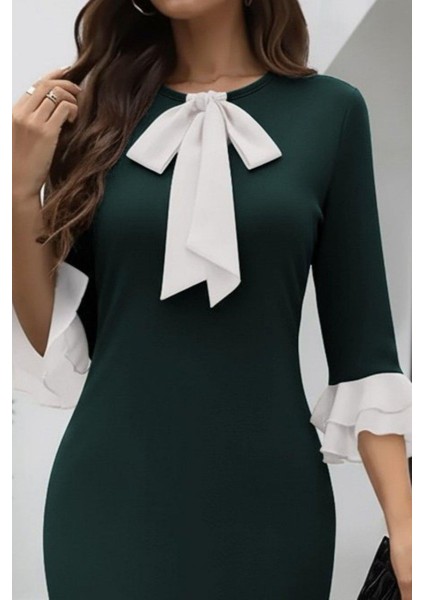 Fiyonk Yaka Volan Kol Midi Ithal Krep Elbise - Yeşil fiyatları