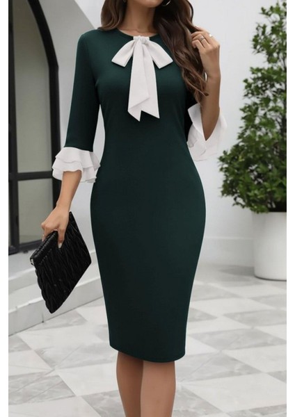 Fiyonk Yaka Volan Kol Midi Ithal Krep Elbise - Yeşil fırsatları