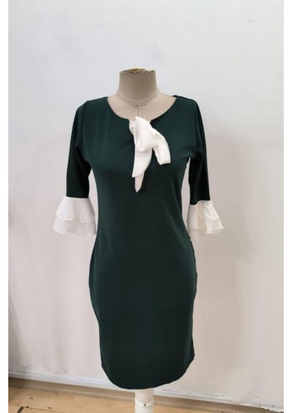 Fiyonk Yaka Volan Kol Midi Ithal Krep Elbise - Yeşil indirimleri