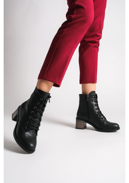 Dıana Bağcıklı Fermuarlı Ortopedik Taban Topuklu Kadın Bot Cst - Siyah