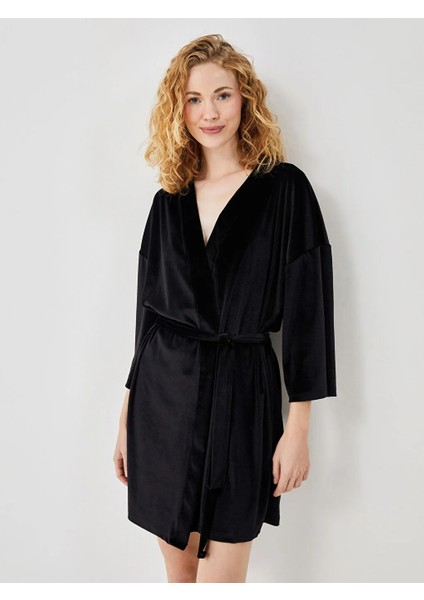 Lcw Dream Siyah Şal Yaka Kadife Kadın Sabahlık