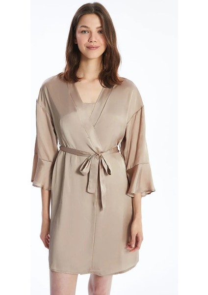 Lcw Dream Bej Şal Yaka Düz Uzun Kollu Saten Kadın Sabahlık