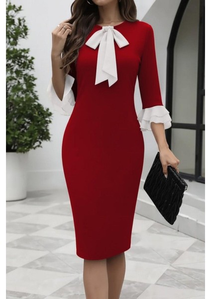 Fiyonk Yaka Volan Kol Midi Ithal Krep Elbise - Kırmızı