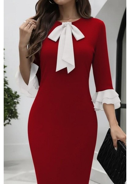 Fiyonk Yaka Volan Kol Midi Ithal Krep Elbise - Kırmızı fiyatları