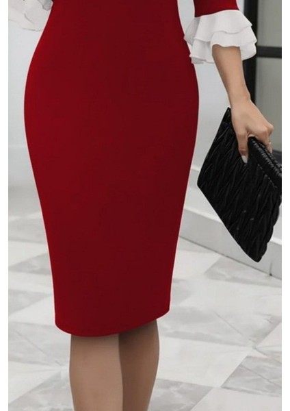 Fiyonk Yaka Volan Kol Midi Ithal Krep Elbise - Kırmızı modelleri