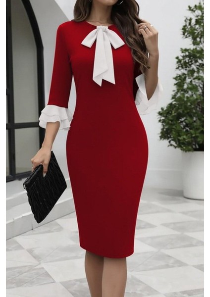 Fiyonk Yaka Volan Kol Midi Ithal Krep Elbise - Kırmızı fırsatları