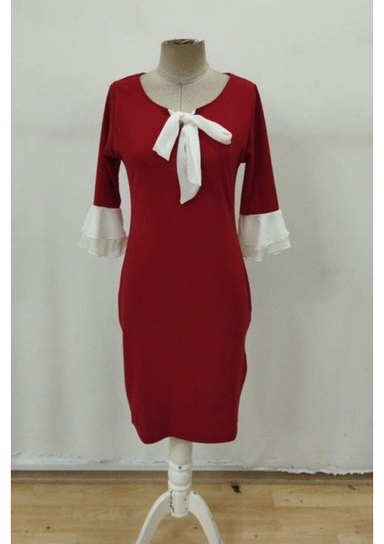 Fiyonk Yaka Volan Kol Midi Ithal Krep Elbise - Kırmızı indirimleri