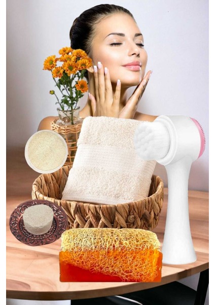 5'li Tüm Cilt Temizleme Kabak Lifli Ballı Sabun Gerdirme Peeling Ruşur Taşı Havlu Temizleme Fırçası modelleri