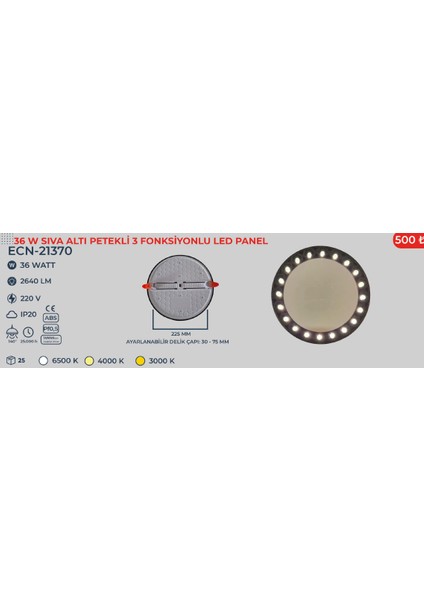 36 W Sıvaaltı Petekli 3 Fonksiyonlu LED Panel