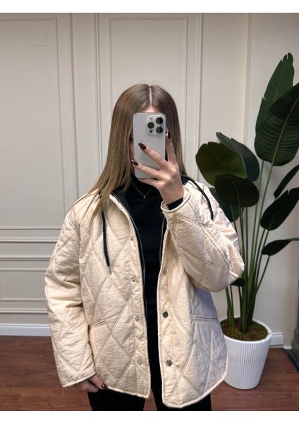 Penye Garnili Kapşonlu Mont - Ekru