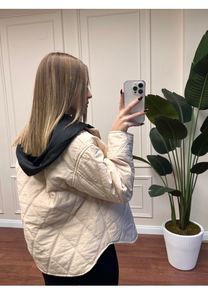 Penye Garnili Kapşonlu Mont - Ekru fiyatları