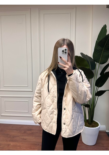 Penye Garnili Kapşonlu Mont - Ekru modelleri