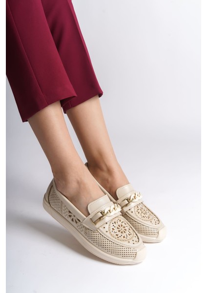 Lızy Bağcıksız Ortopedik Rahat Taban Çiçek Desenli Kadın Babet Ayakkabı Ckt - Krem fiyatları