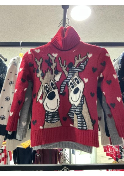 Çocuk Yılbaşı Temalı Boğazlı Geyik Desenli Triko Kazak fiyatları