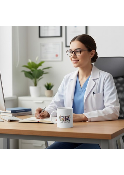 Kişiye Özel Çiçekli Dr Baskılı Porselen Kupa-Hediye-Standart Kupa-Motto-Hediyelik-Doktor-Hemşire