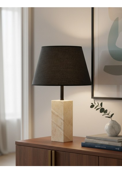 Valen Kumaş Şapkalı Siyah Traverten Abajur