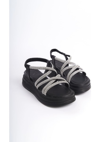 Elena Lastikli Taşlı Şeritli Ortopedik Taban Kadın Sandalet Cst - Siyah fırsatları