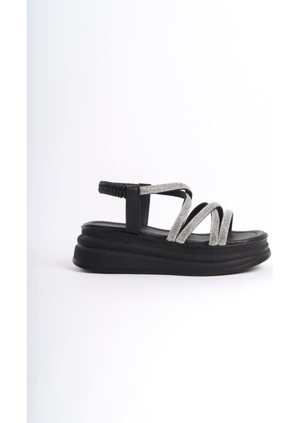 Elena Lastikli Taşlı Şeritli Ortopedik Taban Kadın Sandalet Cst - Siyah