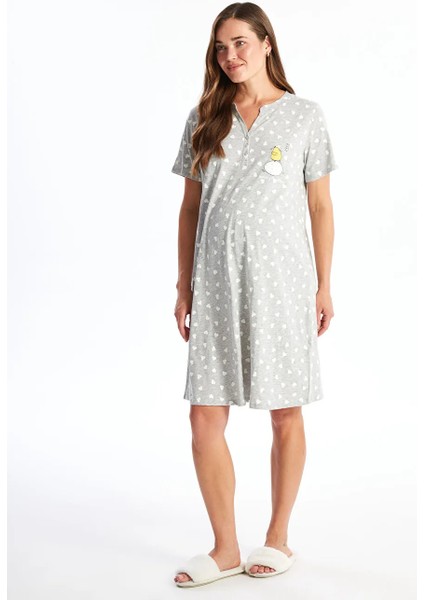 Lcw Dream Gri Kaçık Yaka Baskılı Kısa Kollu Hamile Gecelik