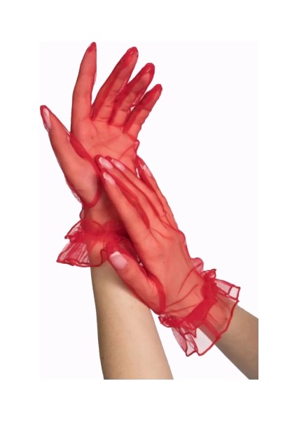 Kısa Boy Likralı Güpürlü Yetişkin Tül Eldiven Kırmızı Renk