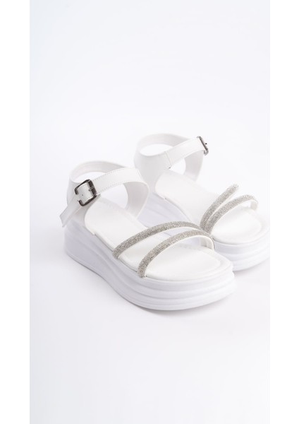 Zlohe Kalın Tokalı Taşlı Şeritli Ortopedik Taban Kadın Sandalet Cbt - Beyaz fırsatları