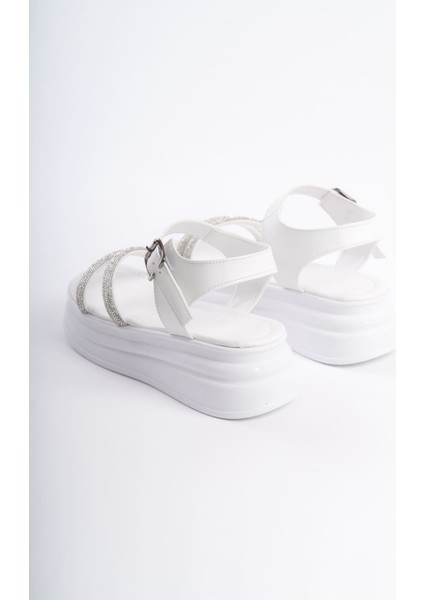 Zlohe Kalın Tokalı Taşlı Şeritli Ortopedik Taban Kadın Sandalet Cbt - Beyaz indirimleri