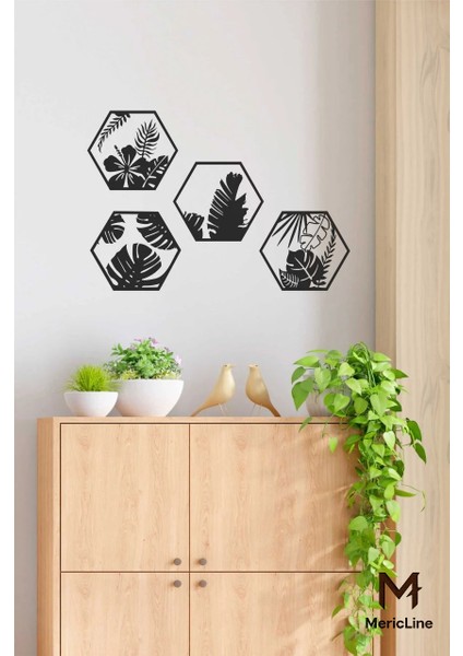 Nature Hexa – 4 Parça Yaprak Desenli Duvar Dekoru