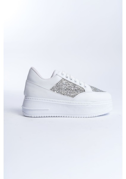 Mıpa Bağcıklı Ortopedik Taban Simli Kadın Sneaker Spor Ayakkabı Cbt - Beyaz