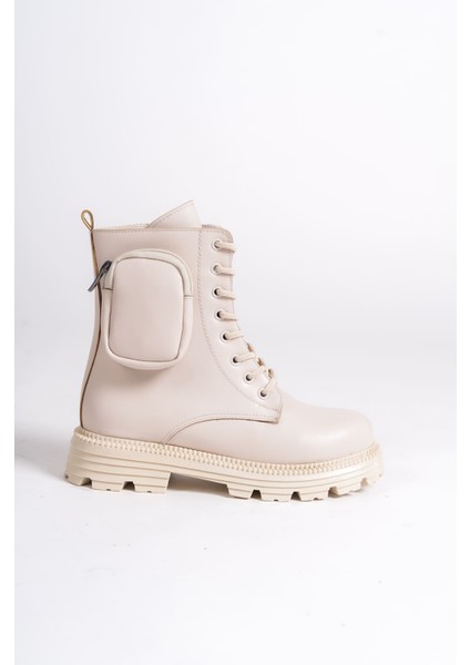 Gına Bağcıklı Fermuarlı Ortopedik Taban Çantalı Kadın Bot Ckt - Krem