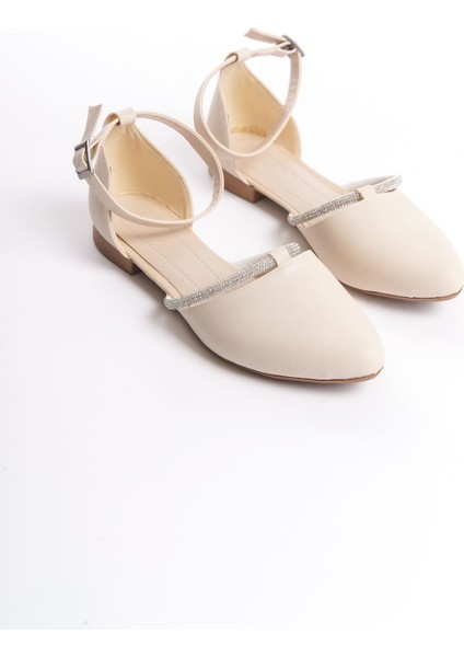 Monıca Tokalı Ortopedik Rahat Taban Taş Detaylı Kadın Babet Ayakkabı Ckt - Krem fırsatları