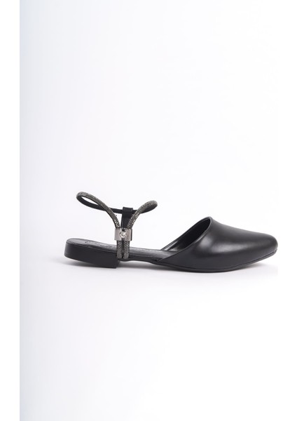 Arıana Lastikli Ortopedik Rahat Taban Bilekten Taş Detaylı Kadın Babet Ayakkabı Cst - Siyah