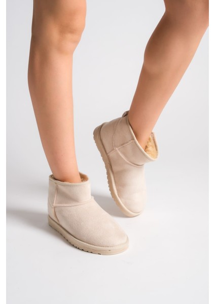 Jolıe Bağcıksız Düz Taban Içi Kürklü Kısa Süet Kadın Bot Skt - Krem