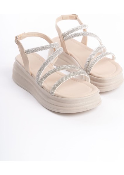 Rıley Ince Tokalı Taşlı Şeritli Ortopedik Taban Kadın Sandalet Ckt - Krem fırsatları