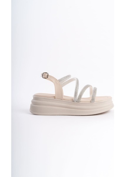 Rıley Ince Tokalı Taşlı Şeritli Ortopedik Taban Kadın Sandalet Ckt - Krem
