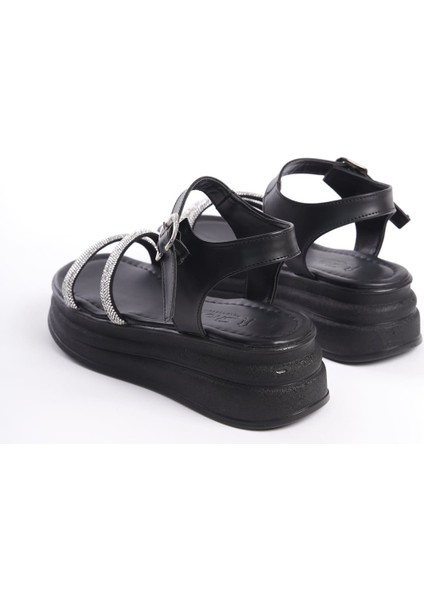 Zlohe Kalın Tokalı Taşlı Şeritli Ortopedik Taban Kadın Sandalet Cst - Siyah indirimleri