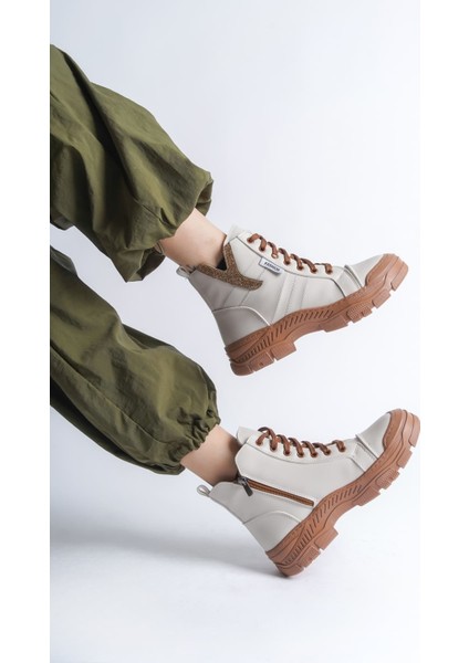 Amber Bağcıklı Fermuarlı Ortopedik Taban Kadın Bot Ctt - Krem fırsatları