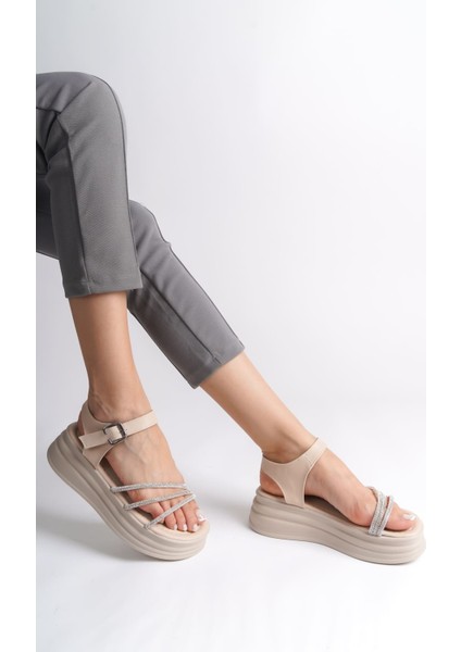 Eva Kalın Tokalı Taşlı Şeritli Ortopedik Taban Kadın Sandalet Ckt - Krem fiyatları