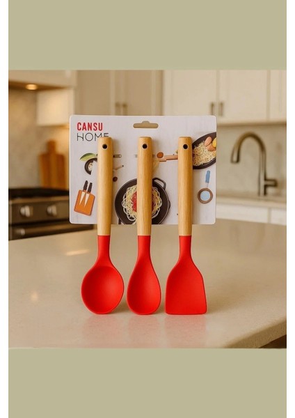 Stil Silikon Bambu Saplı Servis Seti 3’lü | Spatula, Kepçe ve Servis Kaşığı modelleri