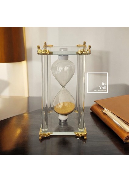 Sankoh Gold Metal Ayaklı Cam Kum Saati, 3 Dakika Şeffaf Dekoratif Obje, Ofis Masaüstü Hediyesi